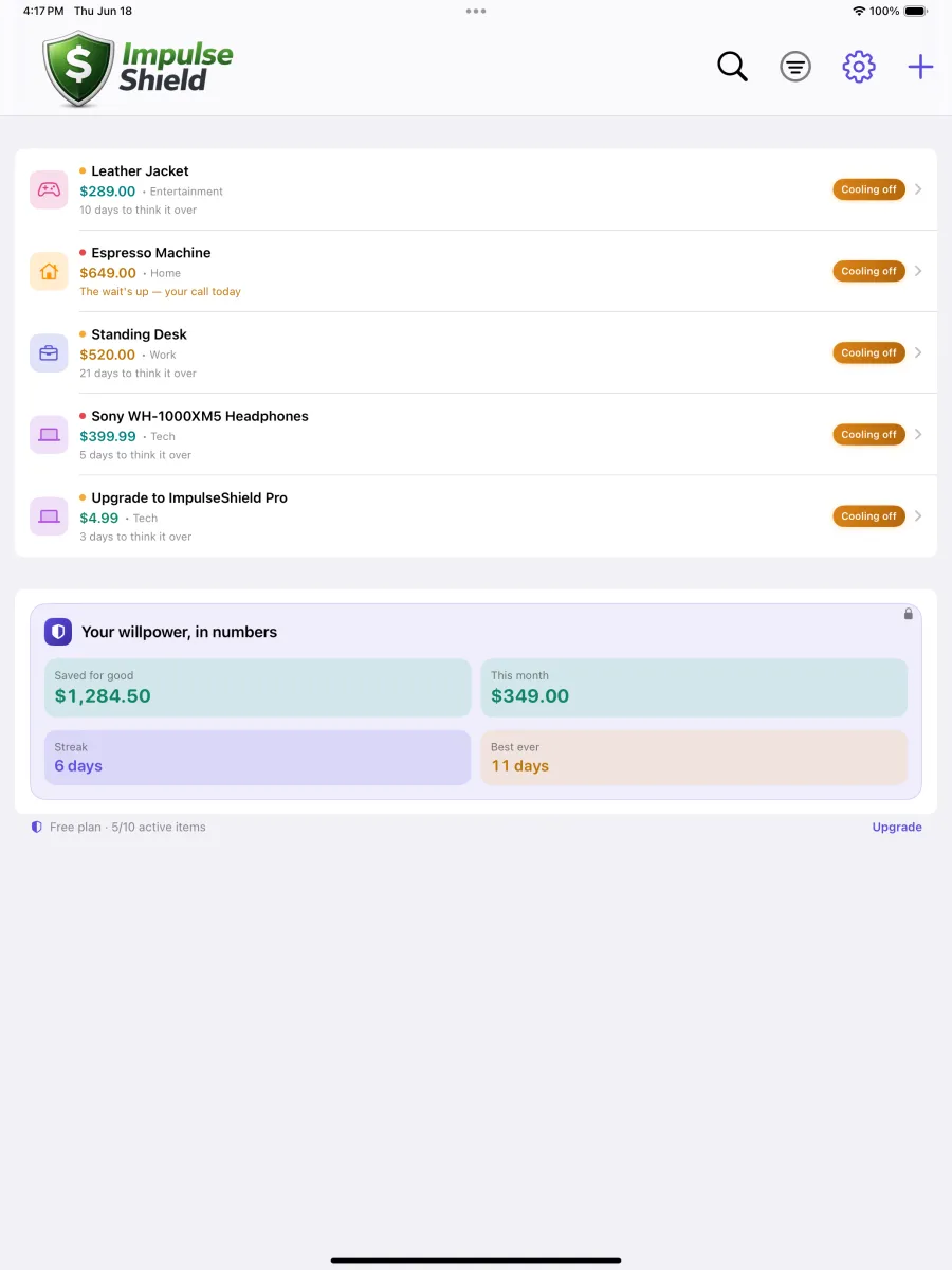 ImpulseShield running on iPad, showing the cooling-off list on a larger screen.