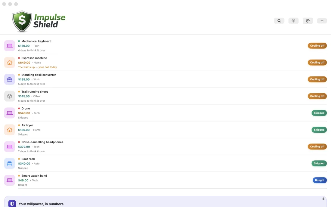 ImpulseShield on Mac, showing the full cooling-off list in a desktop window.