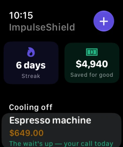 ImpulseShield on Apple Watch, showing a want cooling off on the wrist.